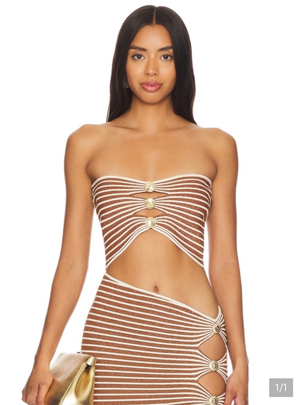 Retrofete Brown and White Striped Cutout Dress with Gold Buttons